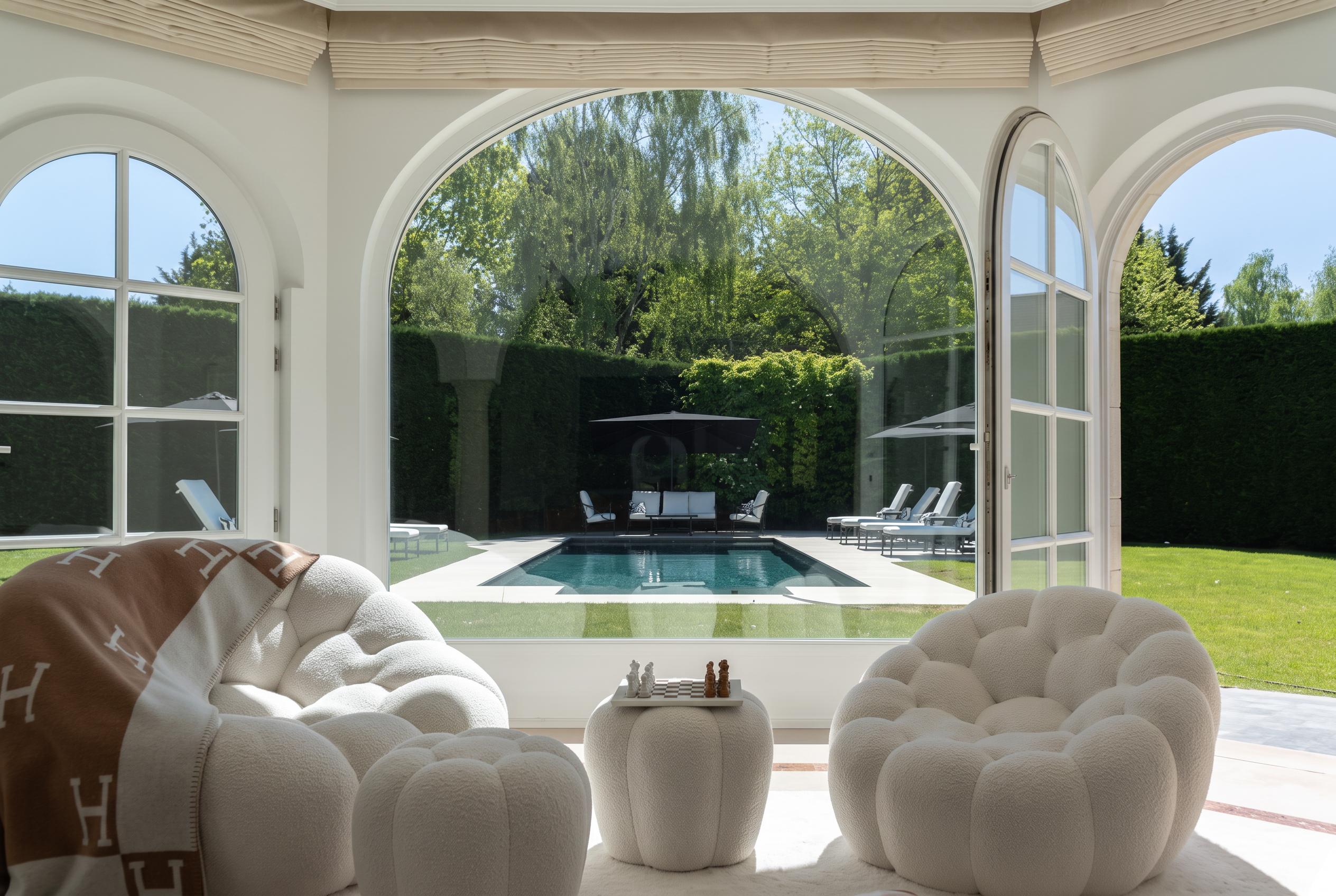 The outdoor pool seen through its arches